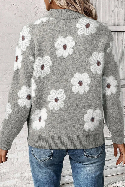 Flower Half Zip Long Sleeve Sweater-Angel Casuals