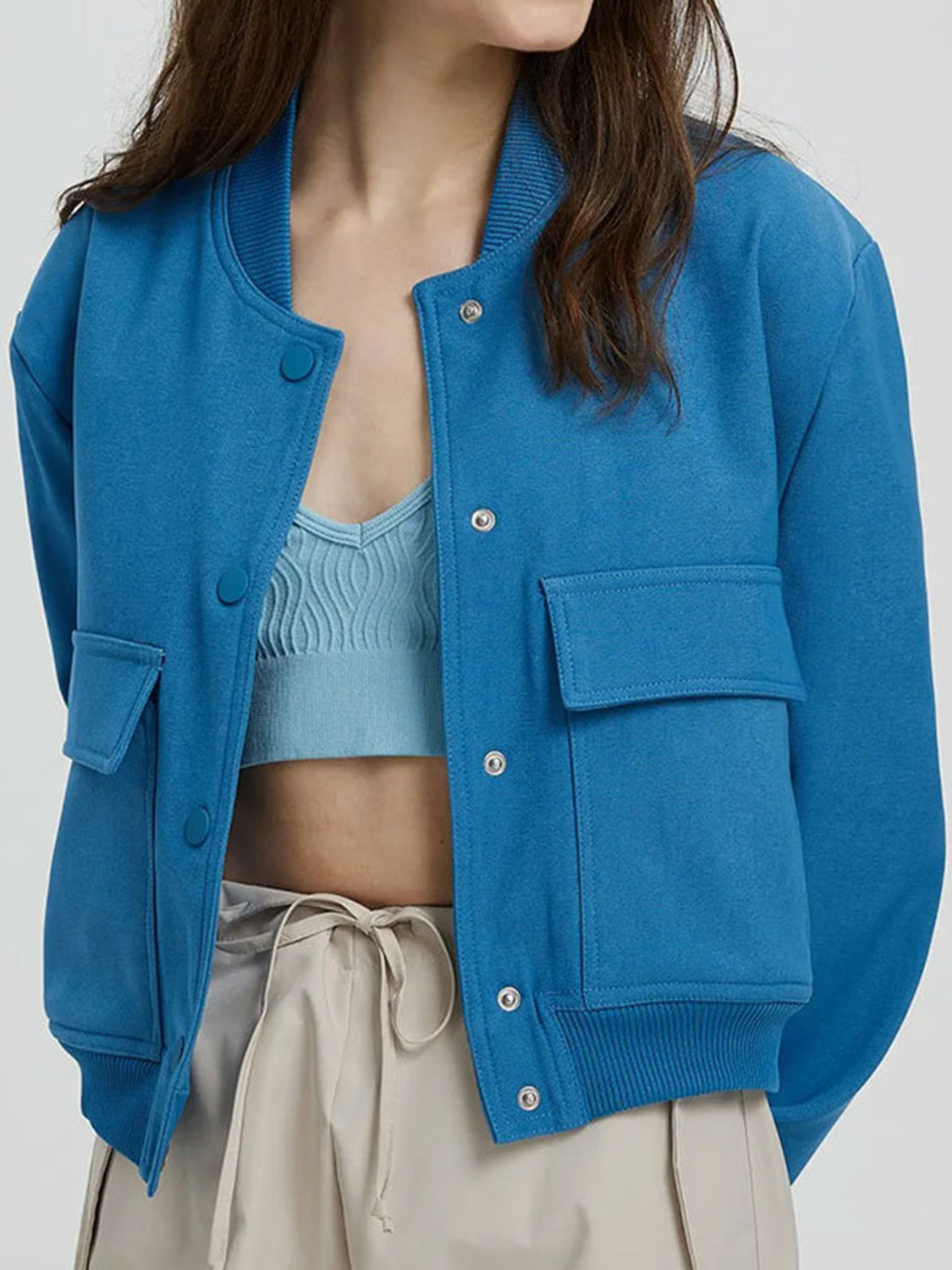 Pocketed Snap Down Baseball Collar Jacket-Angel Casuals