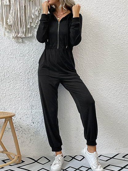 Zip Up Elastic Waist Hooded Jogger Jumpsuit-Angel Casuals