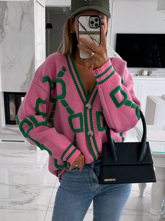 Geometric Dropped Shoulder Button Down Cardigan-Angel Casuals