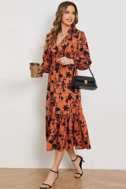 Floral Smocked Long Flounce Sleeve Dress-Angel Casuals