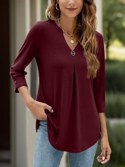 Notched Three-Quarter Sleeve T-Shirt-Angel Casuals