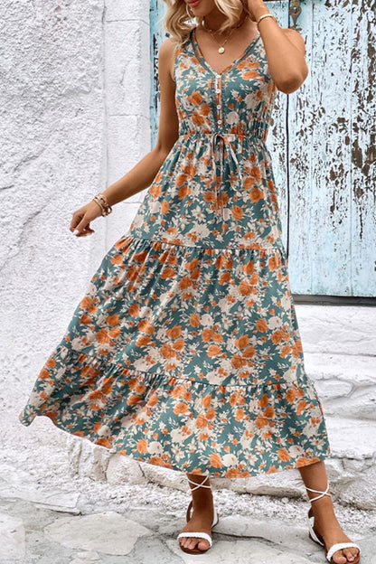 Floral V-Neck Tiered Sleeveless Dress-Angel Casuals