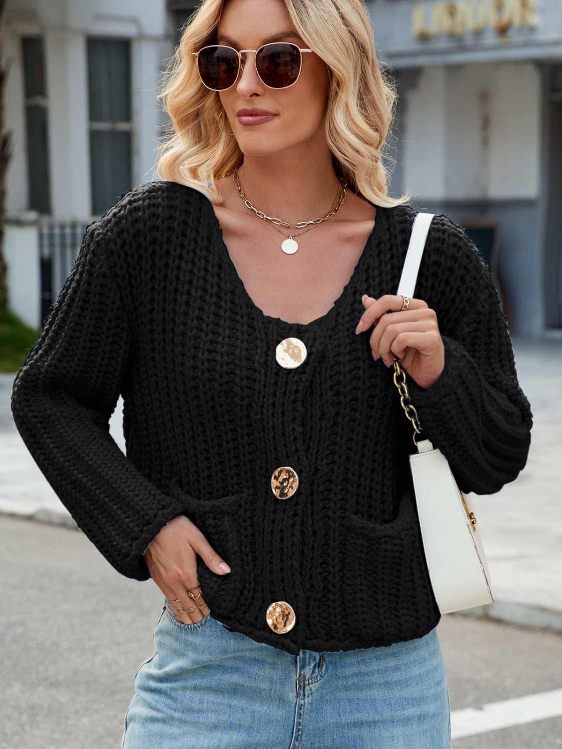 Round Neck Button Up Cardigan with Pockets-Angel Casuals