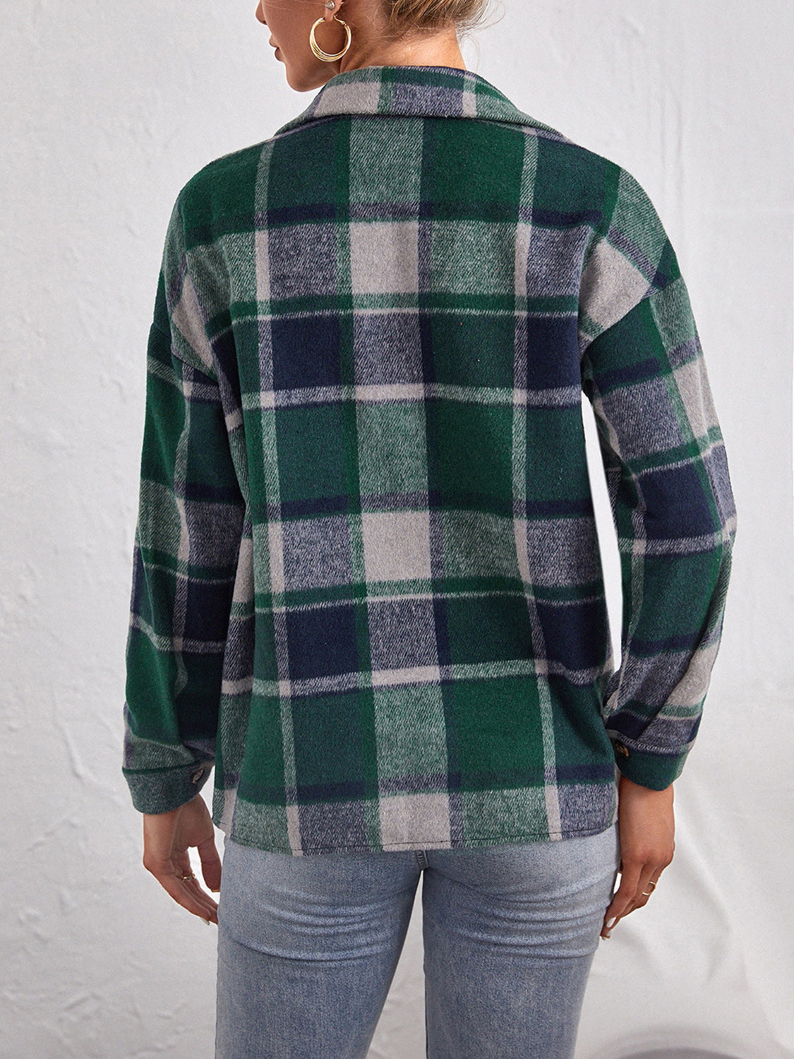 Plaid Collared Neck Button Down Jacket-Angel Casuals