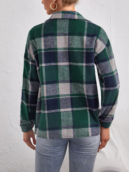 Plaid Collared Neck Button Down Jacket-Angel Casuals