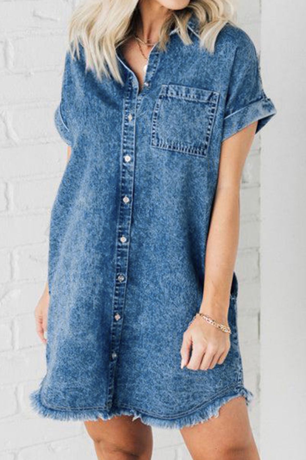 Raw Hem Pocketed Cap Sleeve Denim Dress-Angel Casuals