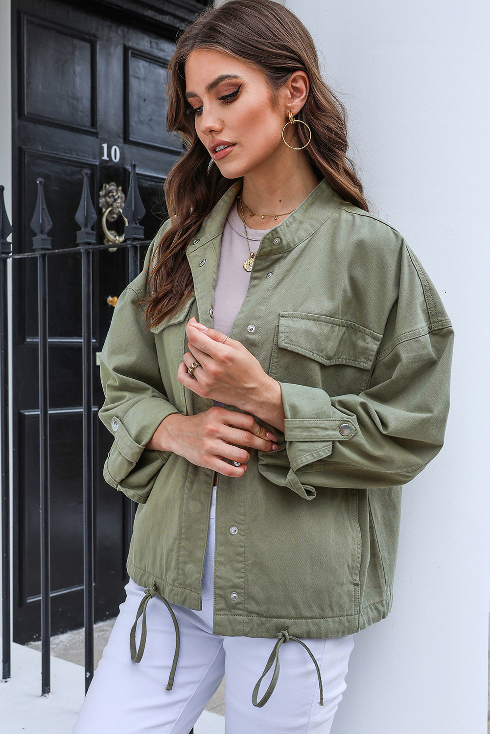 Drawstring Snap Down Dropped Shoulder Denim Jacket-Angel Casuals