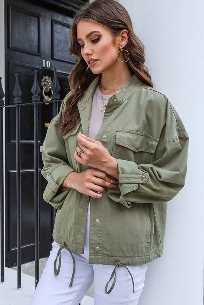 Drawstring Snap Down Dropped Shoulder Denim Jacket-Angel Casuals