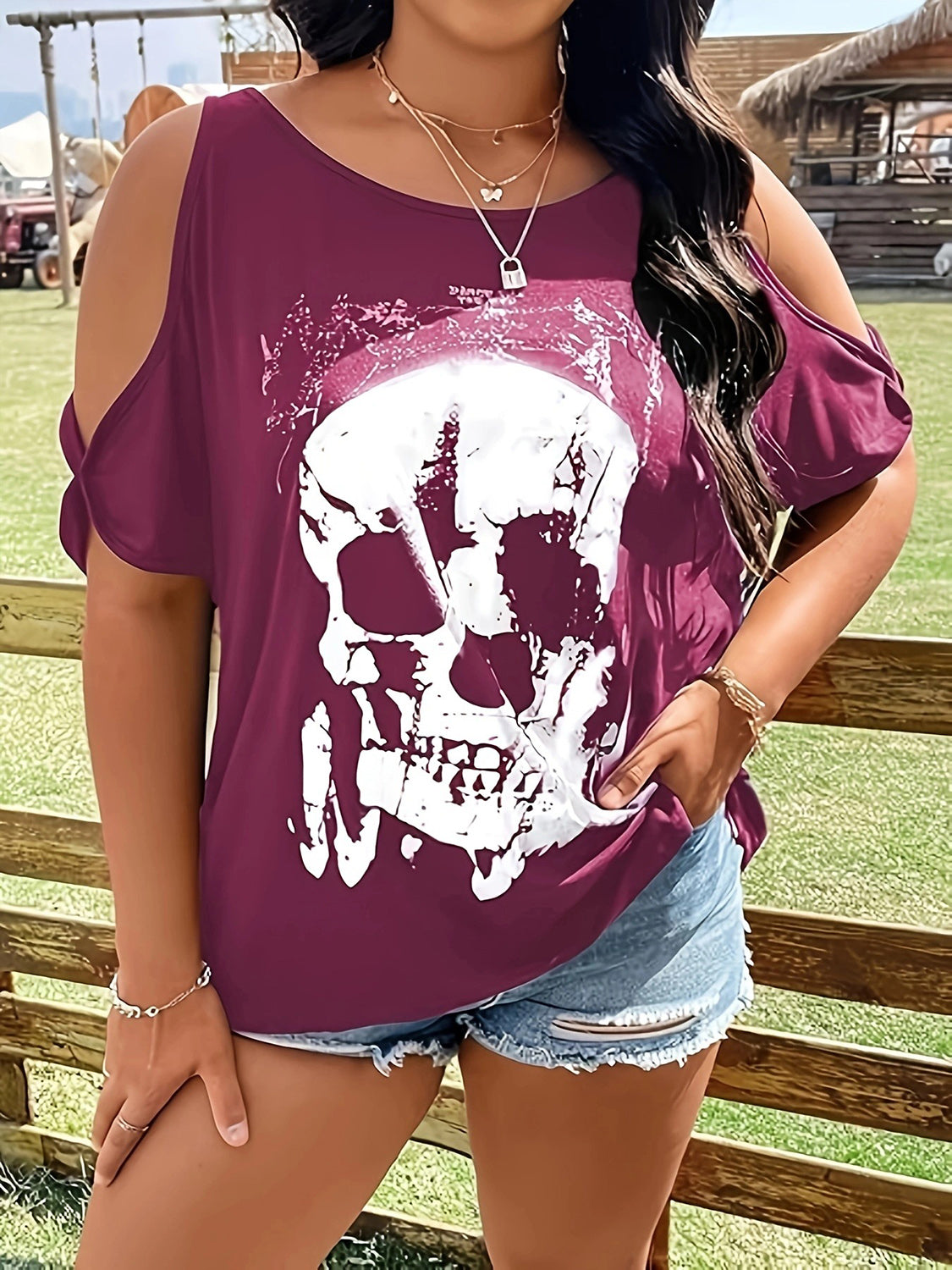 Plus Size Skeleton Graphic Round Neck Cold Shoulder T-Shirt-Angel Casuals