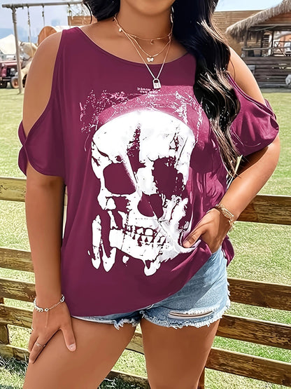 Plus Size Skeleton Graphic Round Neck Cold Shoulder T-Shirt-Angel Casuals
