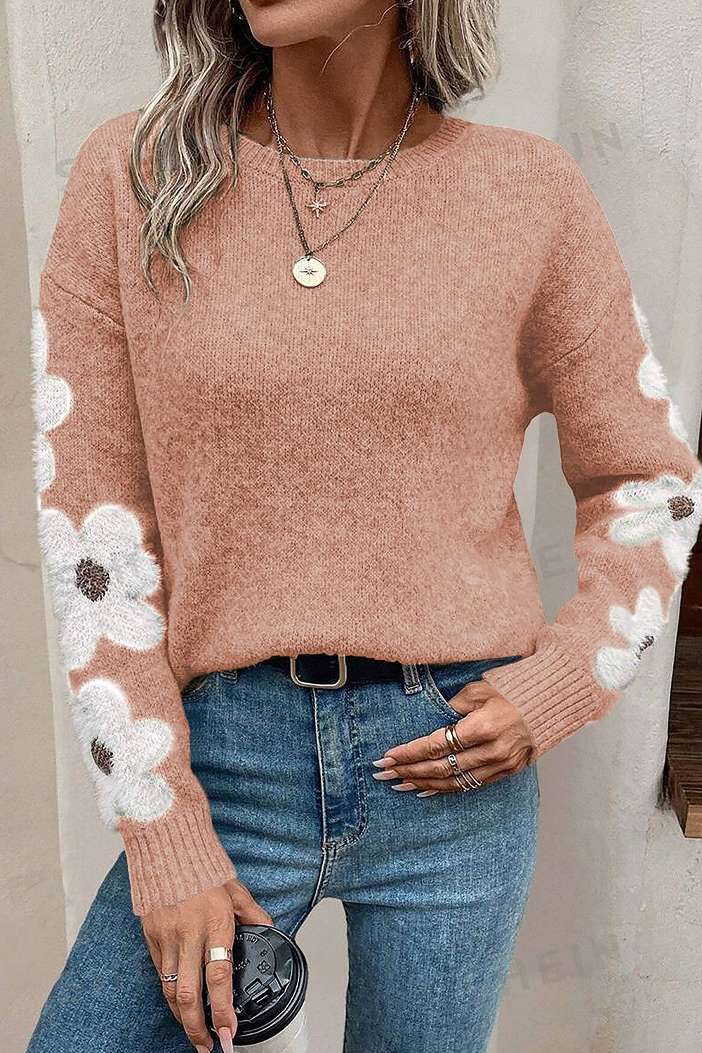 Flower Round Neck Long Sleeve Sweater-Angel Casuals