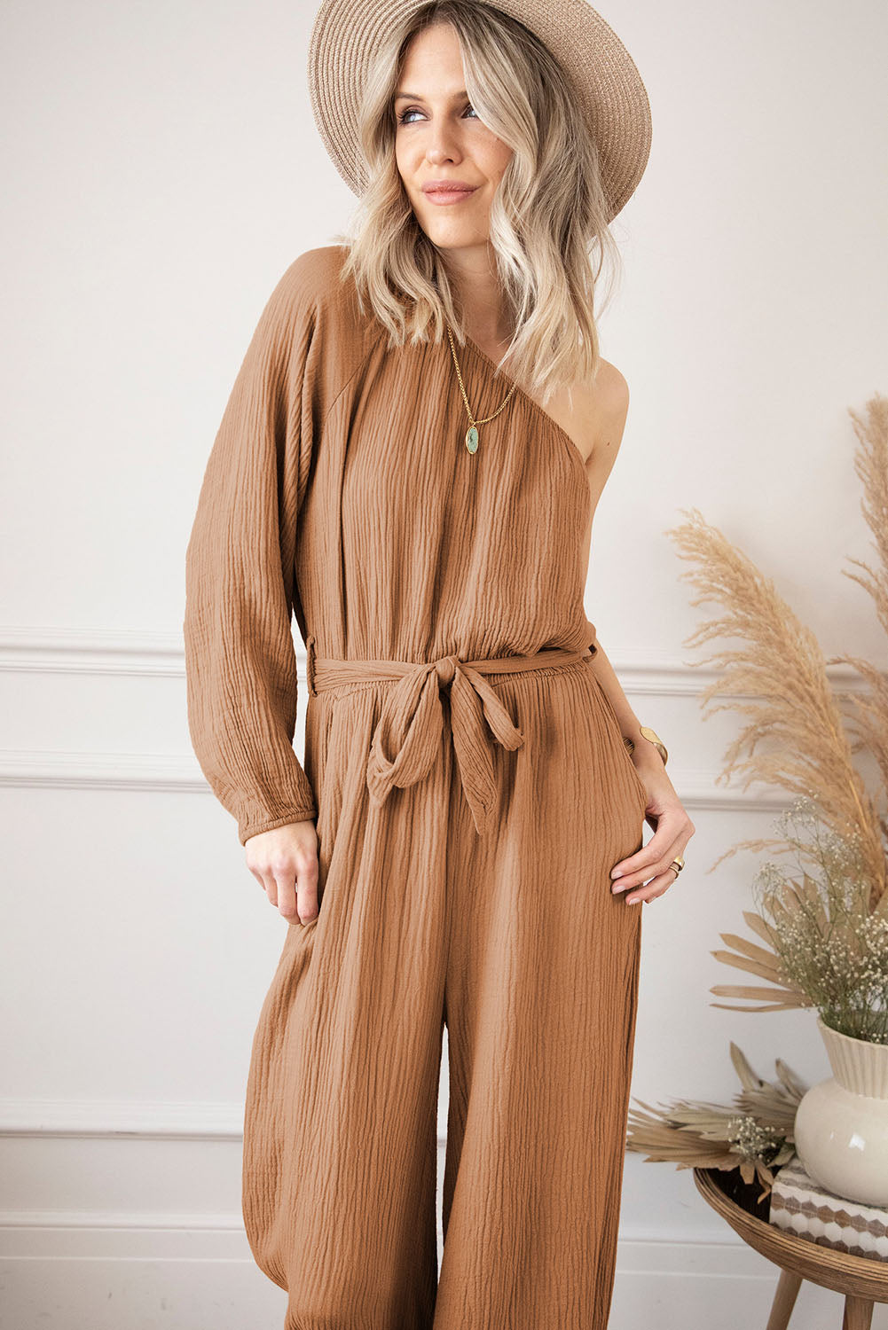 Texture Single Shoulder Tie-Waist Jumpsuit-Angel Casuals