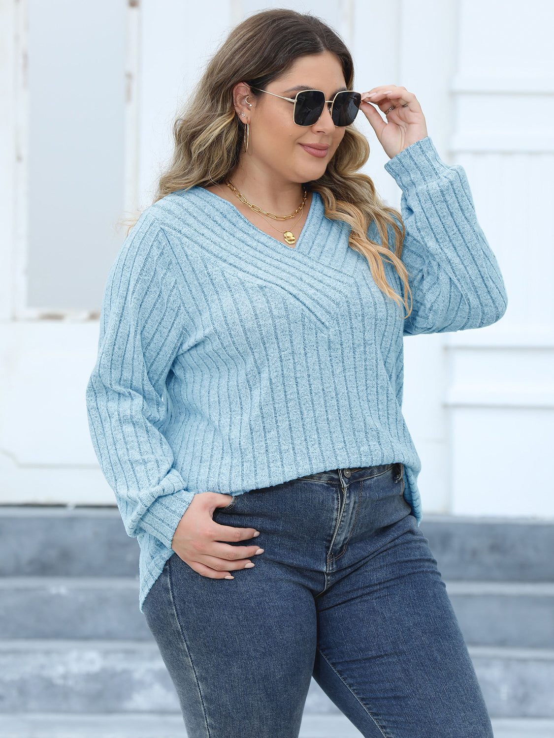 Plus Size Ribbed V-Neck Long Sleeve Top-Angel Casuals