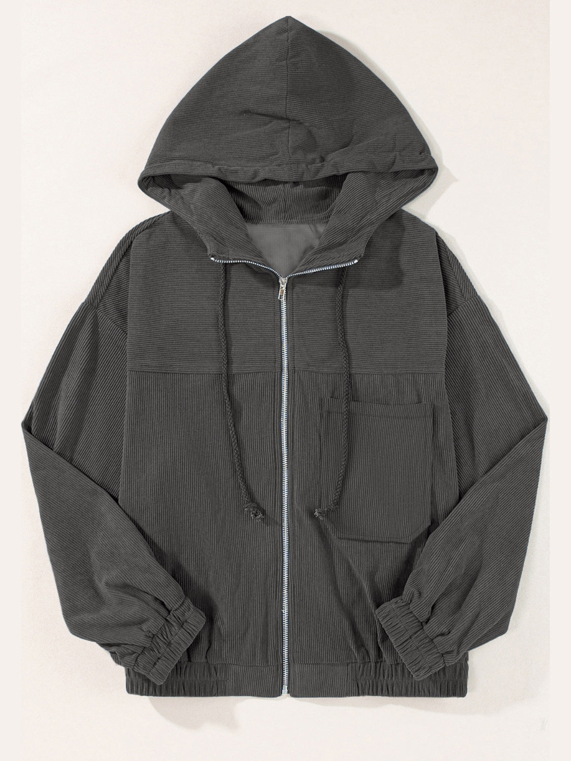 Drawstring Zip Up Long Sleeve Hooded Jacket-Angel Casuals
