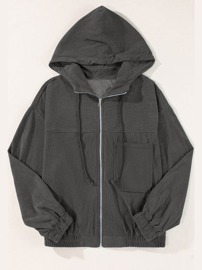 Drawstring Zip Up Long Sleeve Hooded Jacket-Angel Casuals