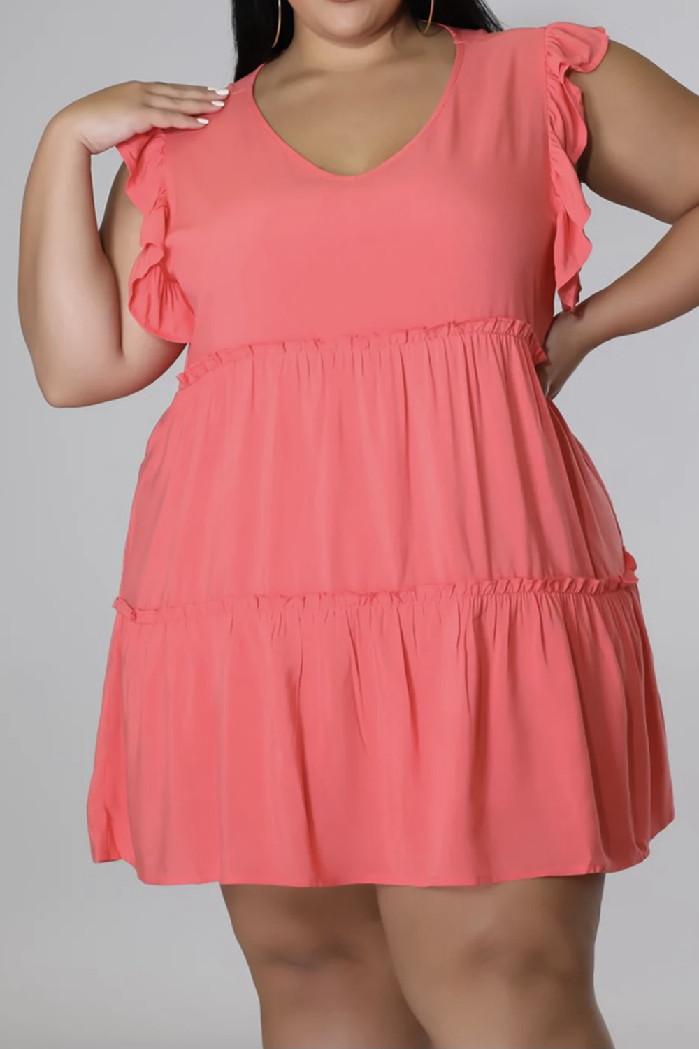 Plus Size V-Neck Frill Trim Mini Dress-Angel Casuals