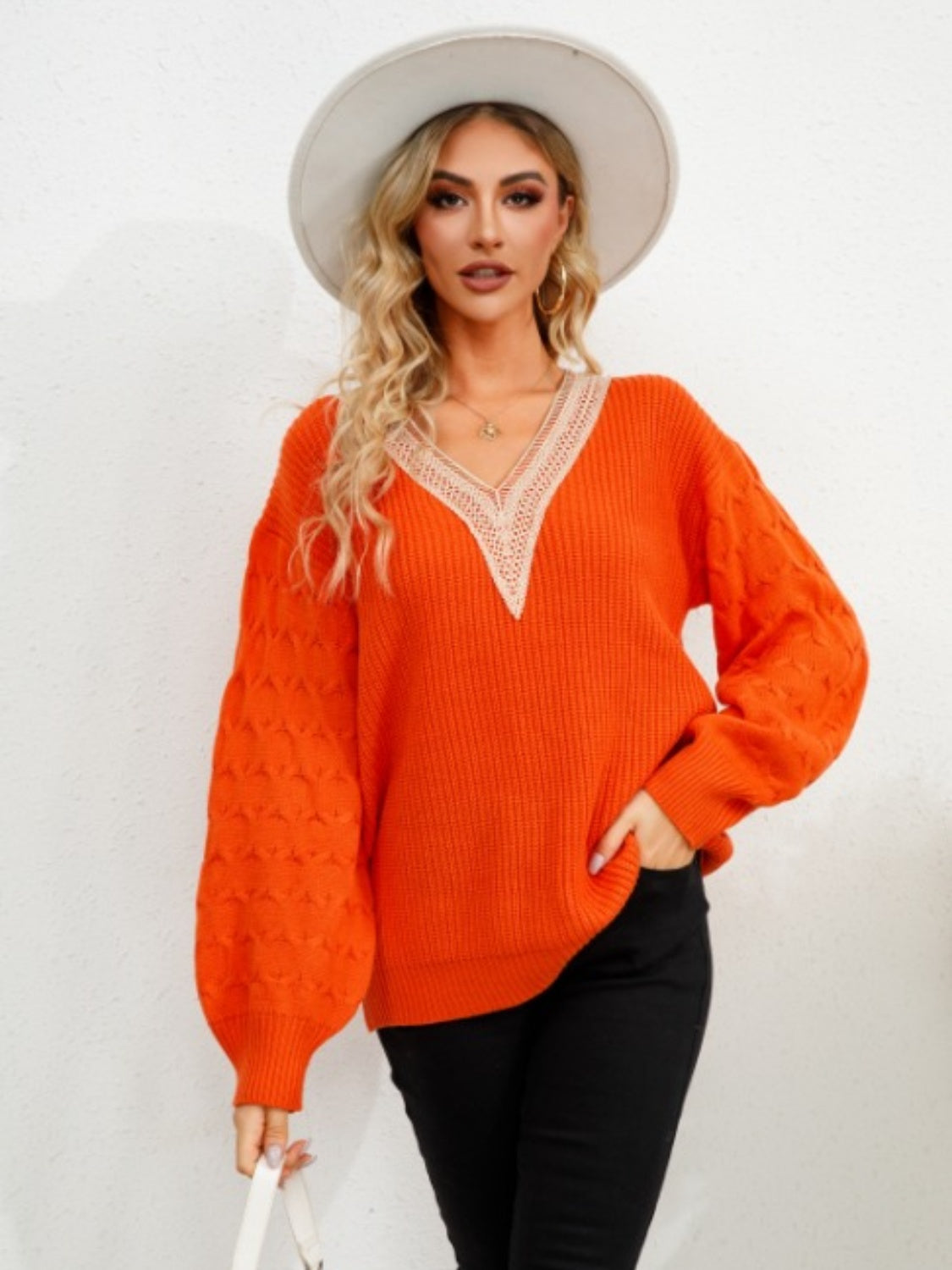 V-Neck Dropped Shoulder Long Sleeve Sweater-Angel Casuals