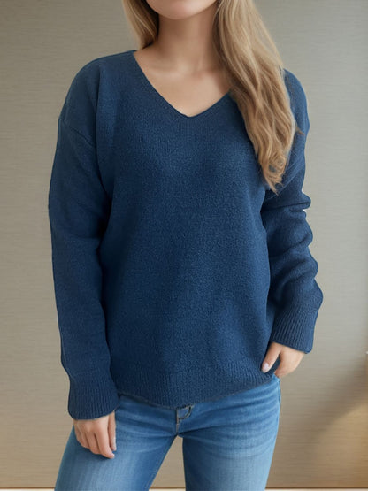 V-Neck Dropped Shoulder Long Sleeve Sweater-Angel Casuals