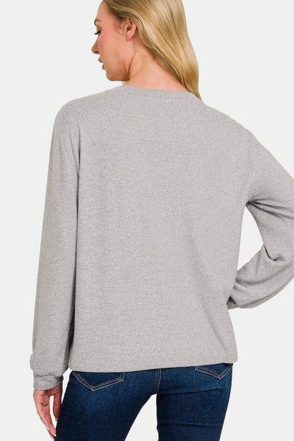 Zenana Hacci Round Neck Long Sleeve T-Shirt-Angel Casuals