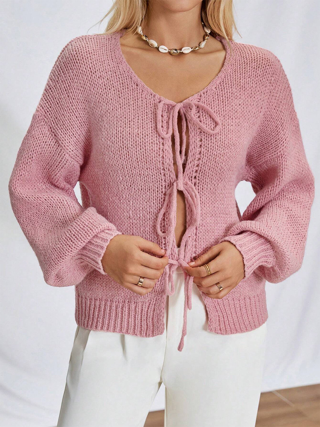 Tied Long Sleeve Dropped Shoulder Cardigan-Angel Casuals