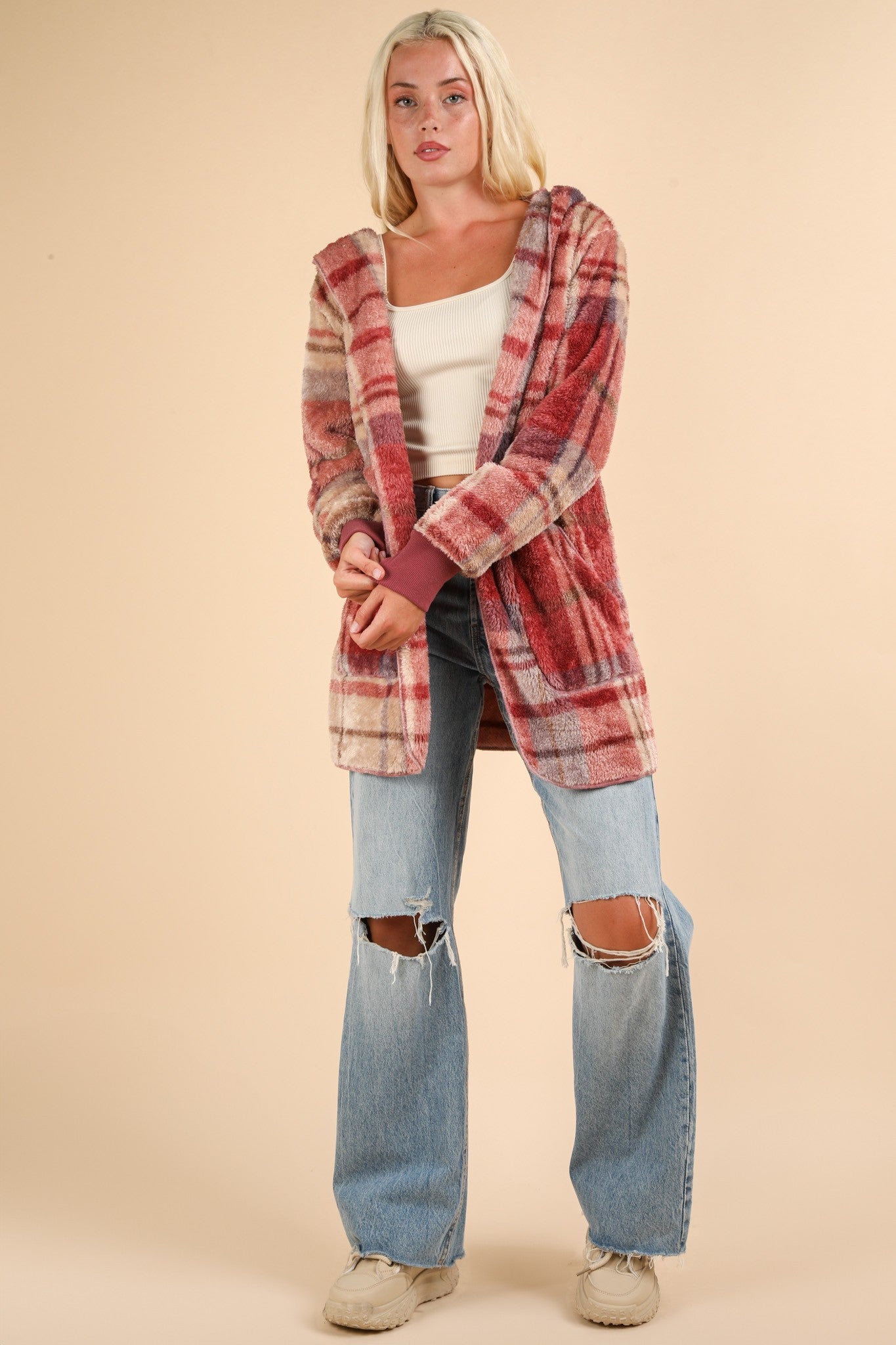 VERY J Fuzzy Plaid Long Sleeve Hooded Jacket-Angel Casuals