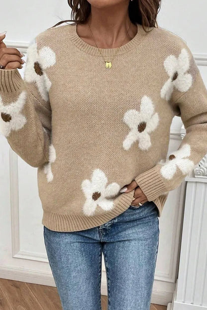 Flower Round Neck Long Sleeve Sweater-Angel Casuals