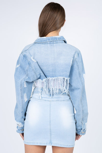 American Bazi Distressed Denim Jacket with Frayed Hem-Angel Casuals