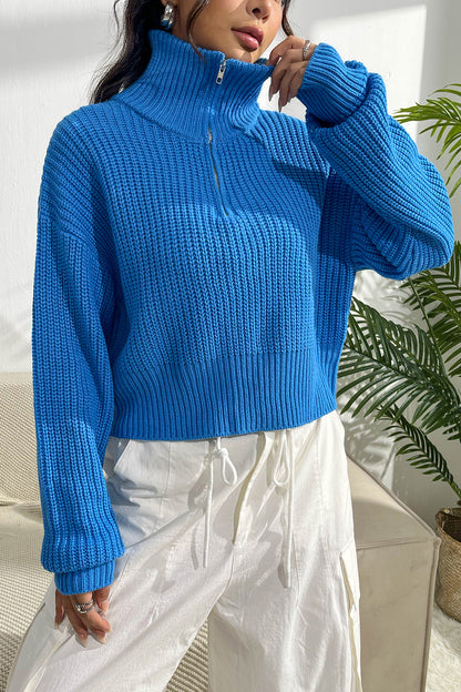 Quarter Zip Dropped Shoulder Sweater-Angel Casuals