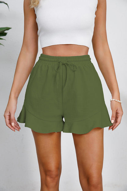 Full Size Drawstring Ruffle Hem Shorts-Angel Casuals