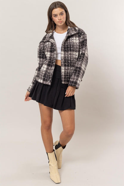 HYFVE Plaid Collared Neck Boucle Jacket with Pockets-Angel Casuals