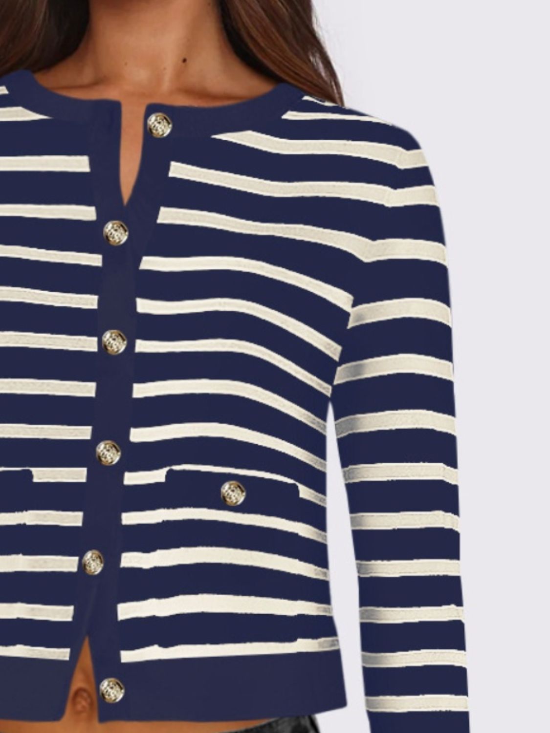 Striped Round Neck Button Up Long Sleeve Cardigan-Angel Casuals