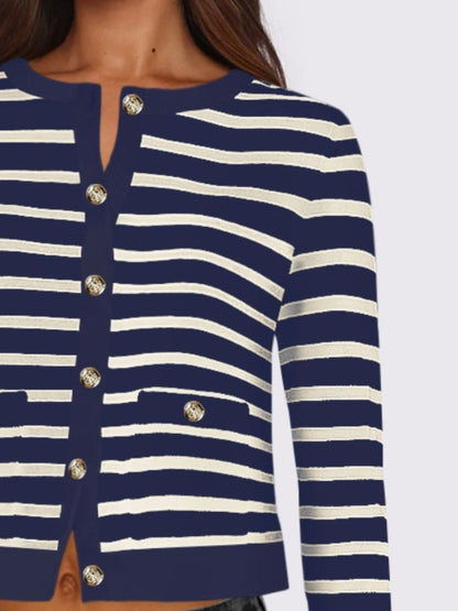 Striped Round Neck Button Up Long Sleeve Cardigan-Angel Casuals