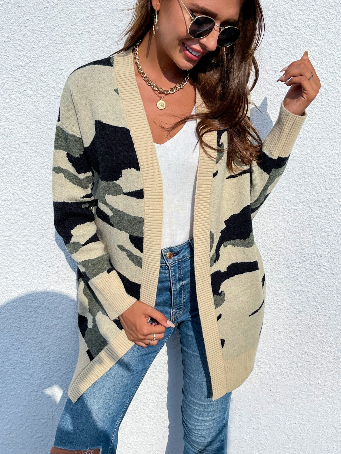Camouflaged Dropped Shoulder Open Front Cardigan-Angel Casuals