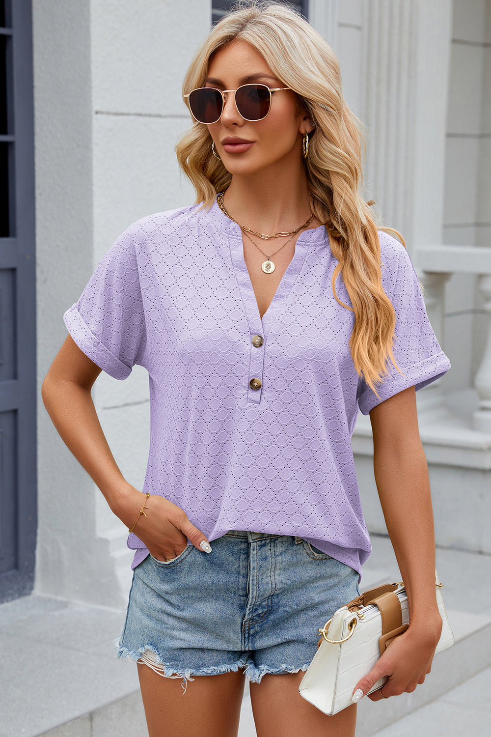 Eyelet Notched Short Sleeve T-Shirt-Angel Casuals