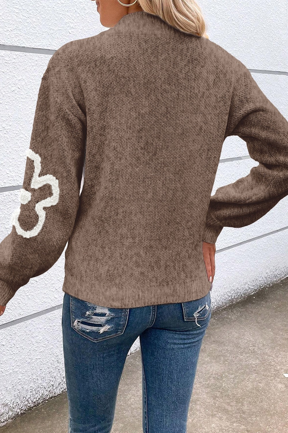 Flower Half Zip Dropped Shoulder Sweater-Angel Casuals