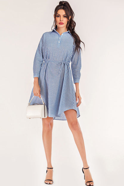 Full Size Striped Quarter-Button Roll-Tab Sleeve Shirt Dress-Angel Casuals