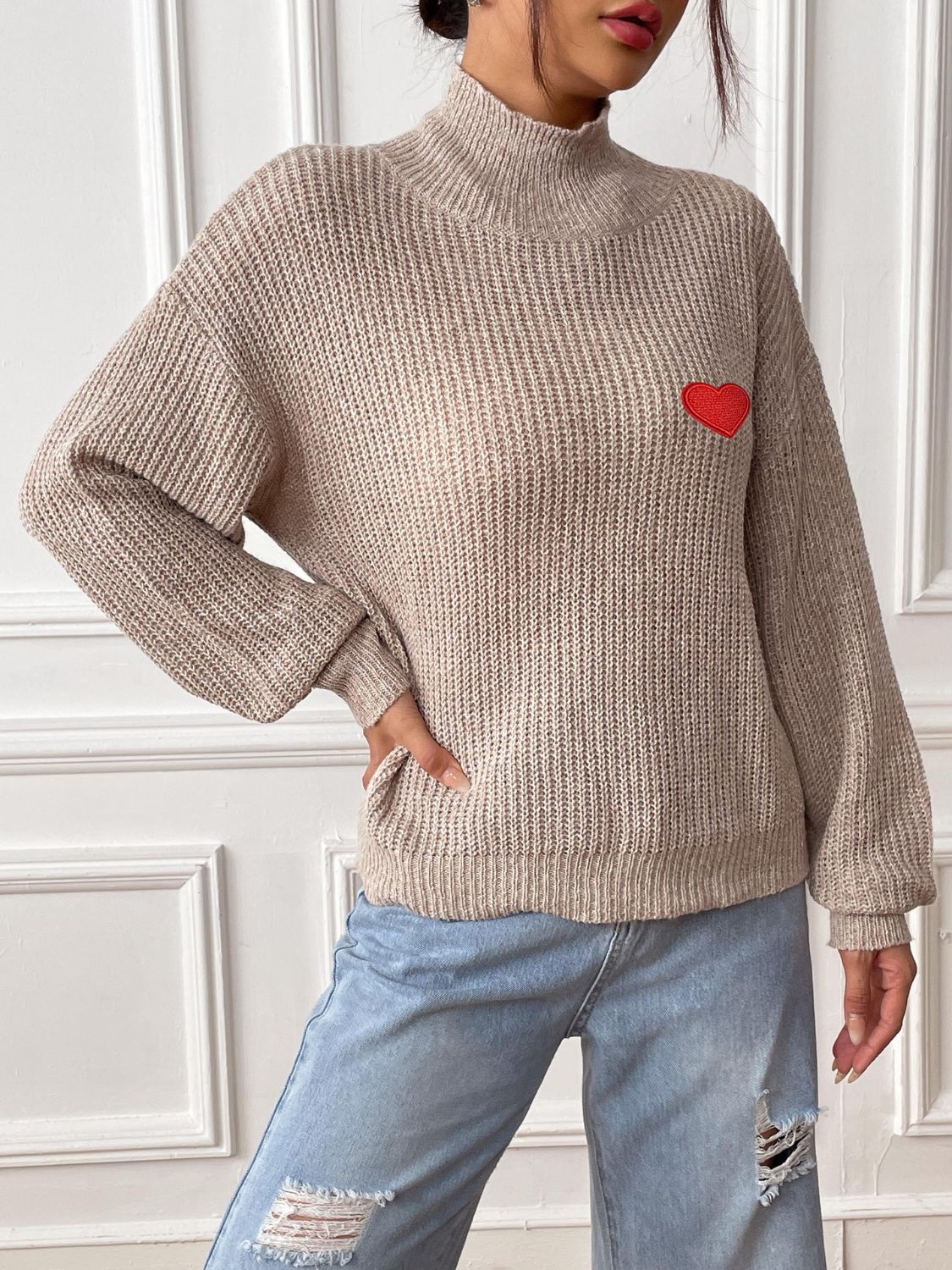 Heart Turtleneck Dropped Shoulder Long Sleeve Sweater-Angel Casuals