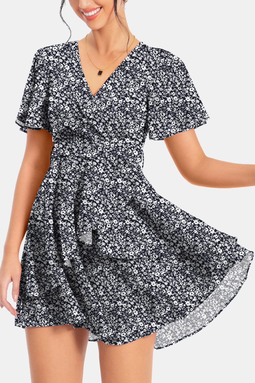 Surplice Neck Flutter Sleeve Dress-Angel Casuals