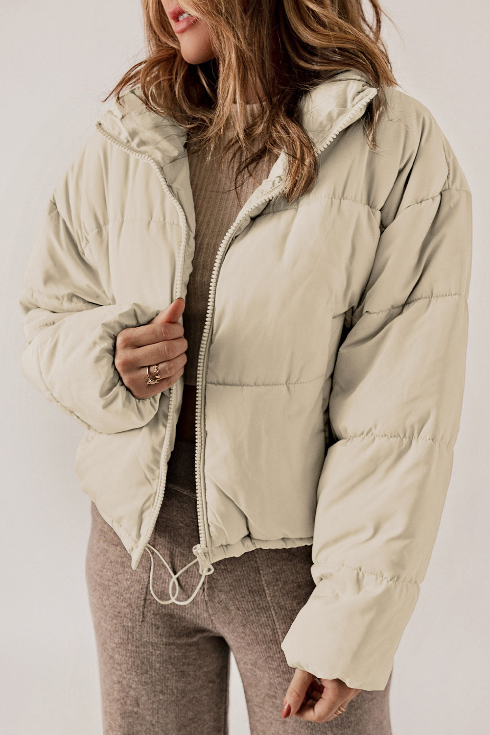 Zip Up Collared Neck Long Sleeve Winter Coat-Angel Casuals