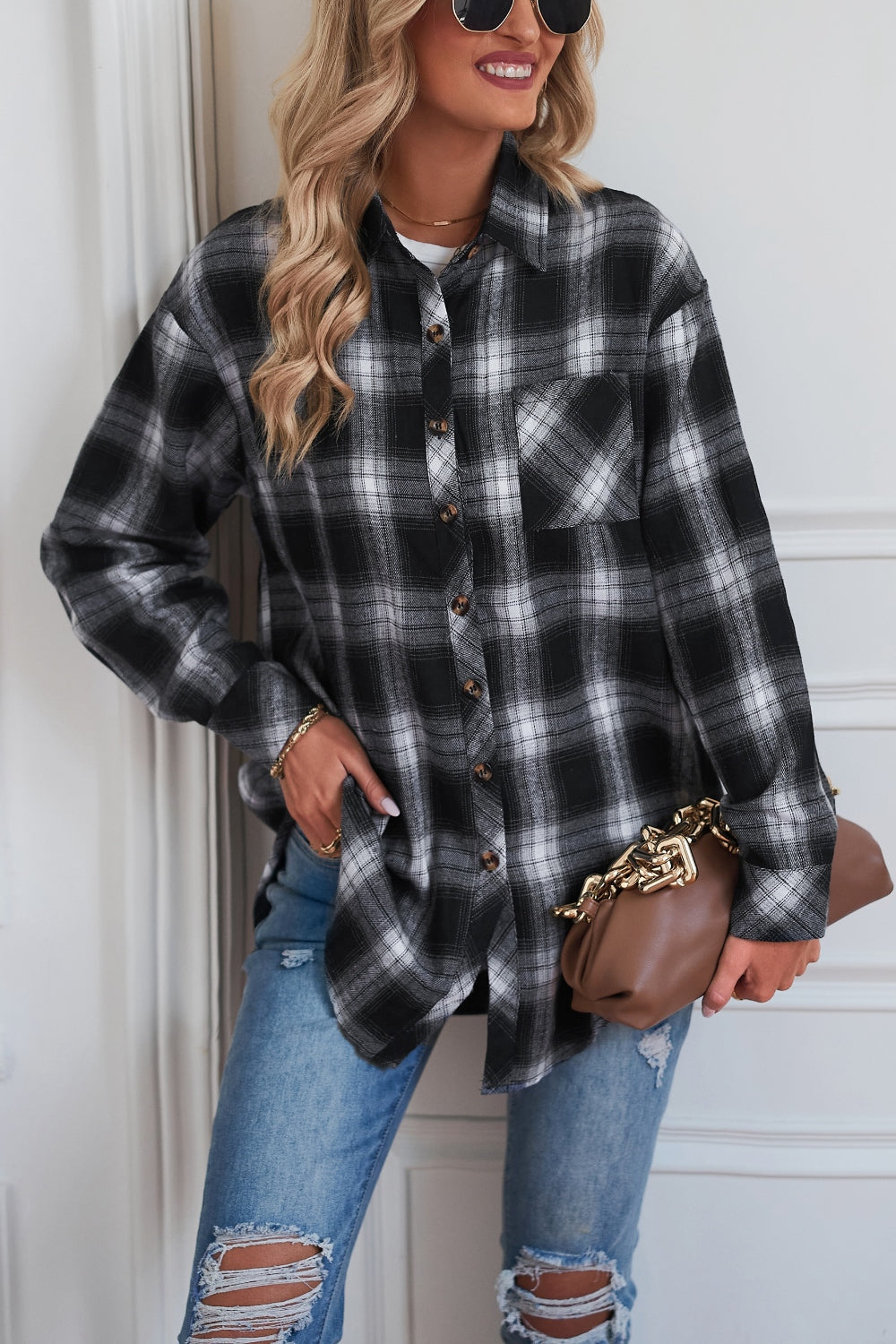 Plaid Button Up Dropped Shoulder Outerwear-Angel Casuals