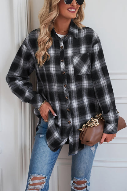 Plaid Button Up Dropped Shoulder Outerwear-Angel Casuals