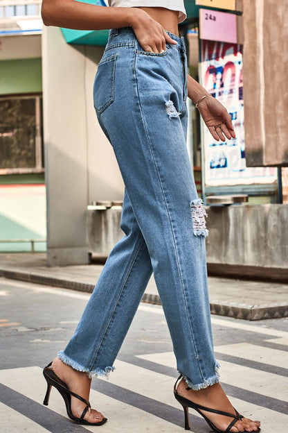 Distressed Buttoned Loose Fit Jeans-Angel Casuals