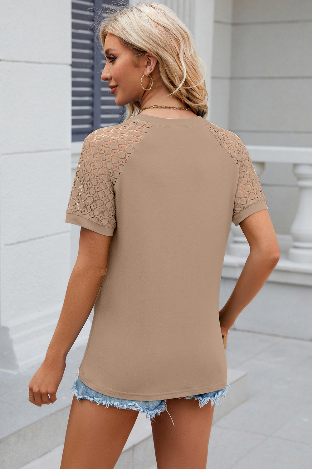 Openwork Round Neck Short Sleeve T-Shirt-Angel Casuals