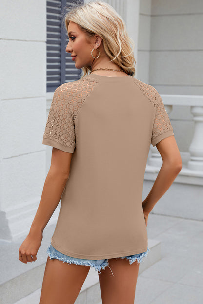 Openwork Round Neck Short Sleeve T-Shirt-Angel Casuals