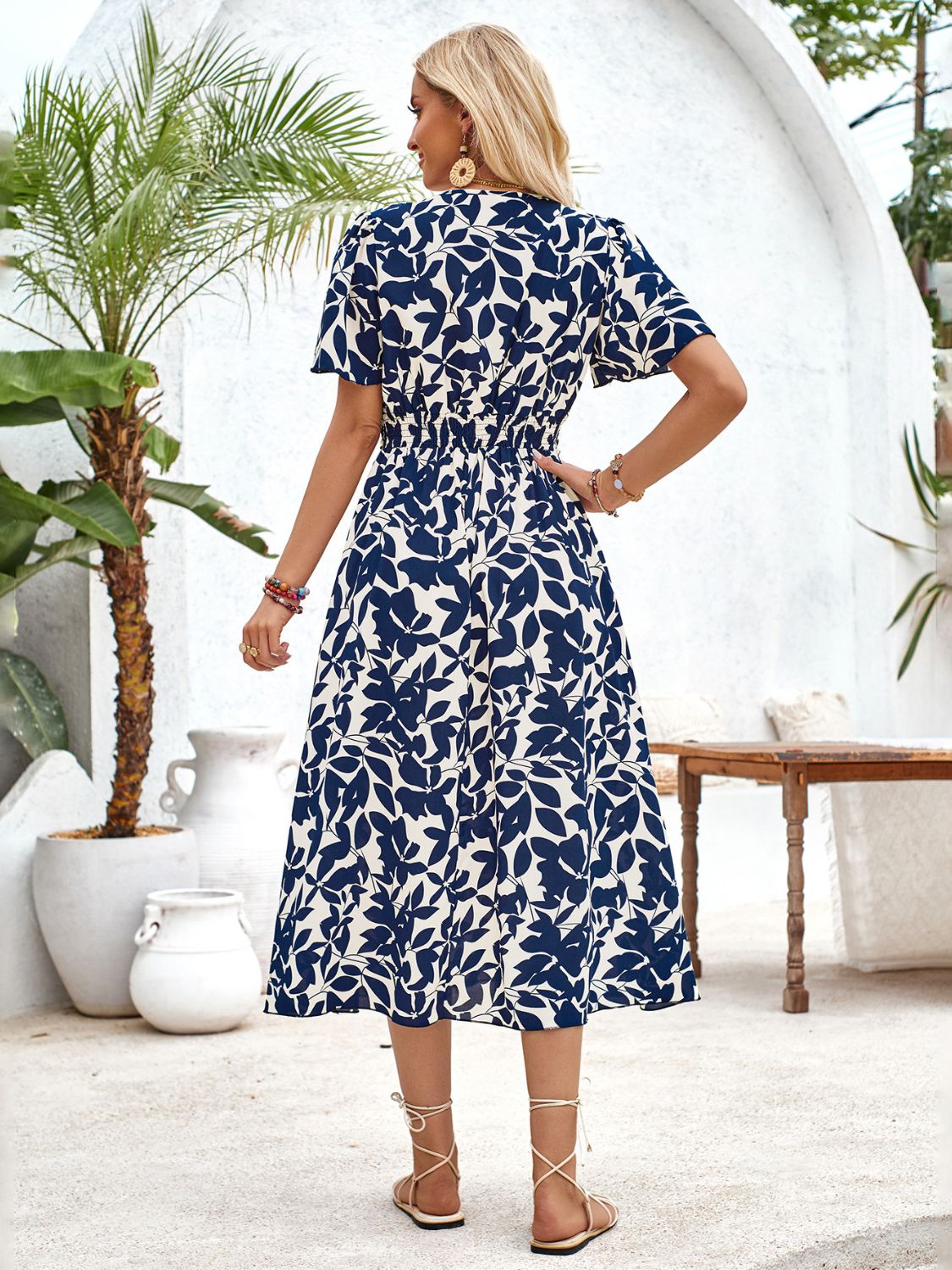 Printed Surplice Short Sleeve Midi Dress-Angel Casuals