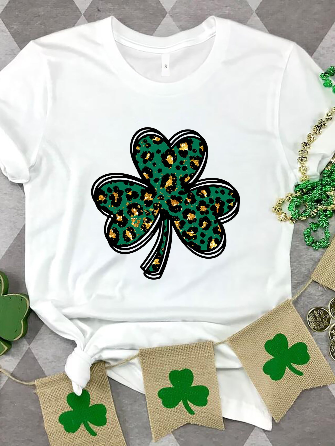 Lucky Clover Round Neck Short Sleeve T-Shirt-Angel Casuals
