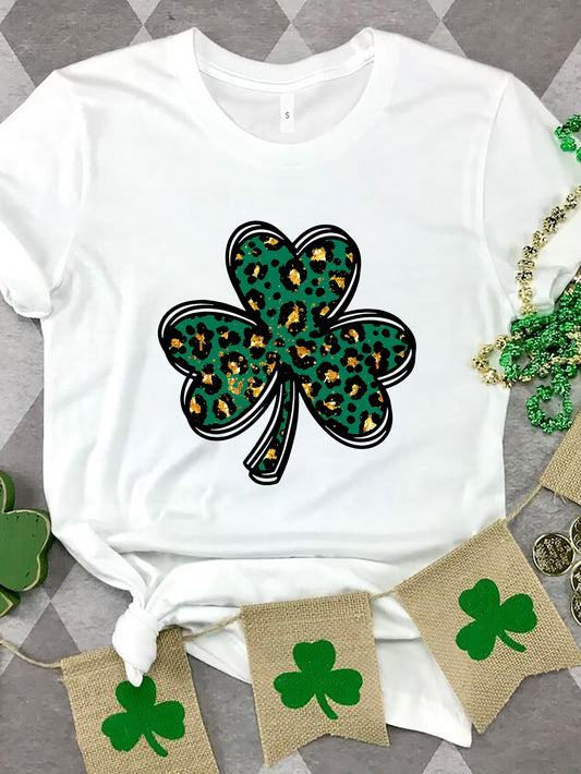 Lucky Clover Round Neck Short Sleeve T-Shirt-Angel Casuals