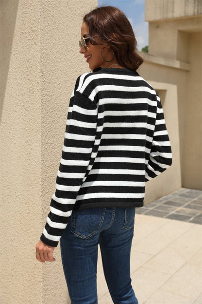 Striped Round Neck Button-Down Dropped Shoulder Cardigan-Angel Casuals