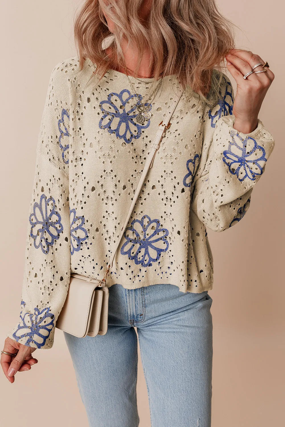 Openwork Round Neck Long Sleeve Knit Top-Angel Casuals